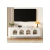 Armoire TV lowboard - Blanc et doré - Portes vitrées - Bords arrondis - Détails dorés luxueux