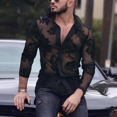Mens Lace Sheer Mesh Long Sleeve Party Slim Fit Shirt