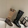 Leather Thick-soled British Style Belt Buckle Medium Tube Western Folded Pile Boots Knight Boots Women's Vintage Round Head Boots