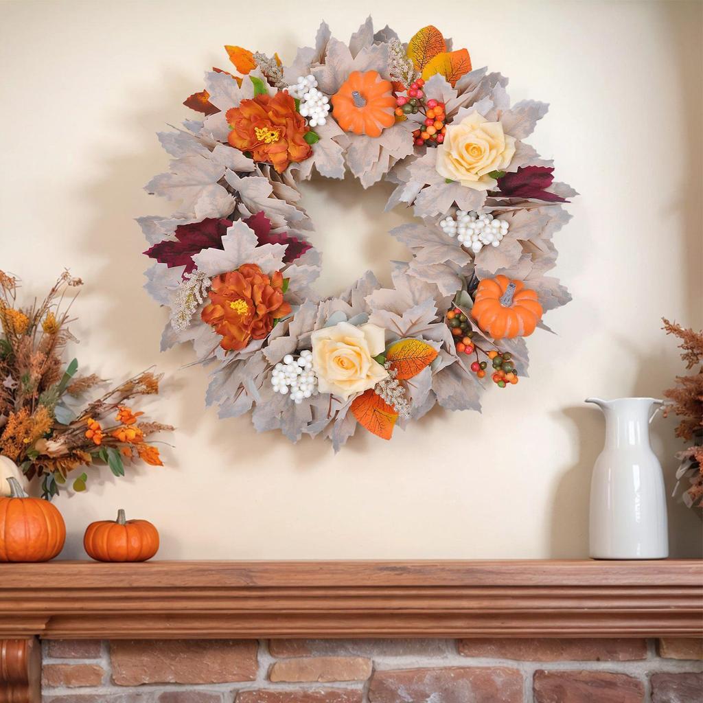 Autumn Door Wreath Christmas Halloween Decoration Pumpkin Berry Pine Cone Maple Artificial Wreath Cloth Rattan Material Home