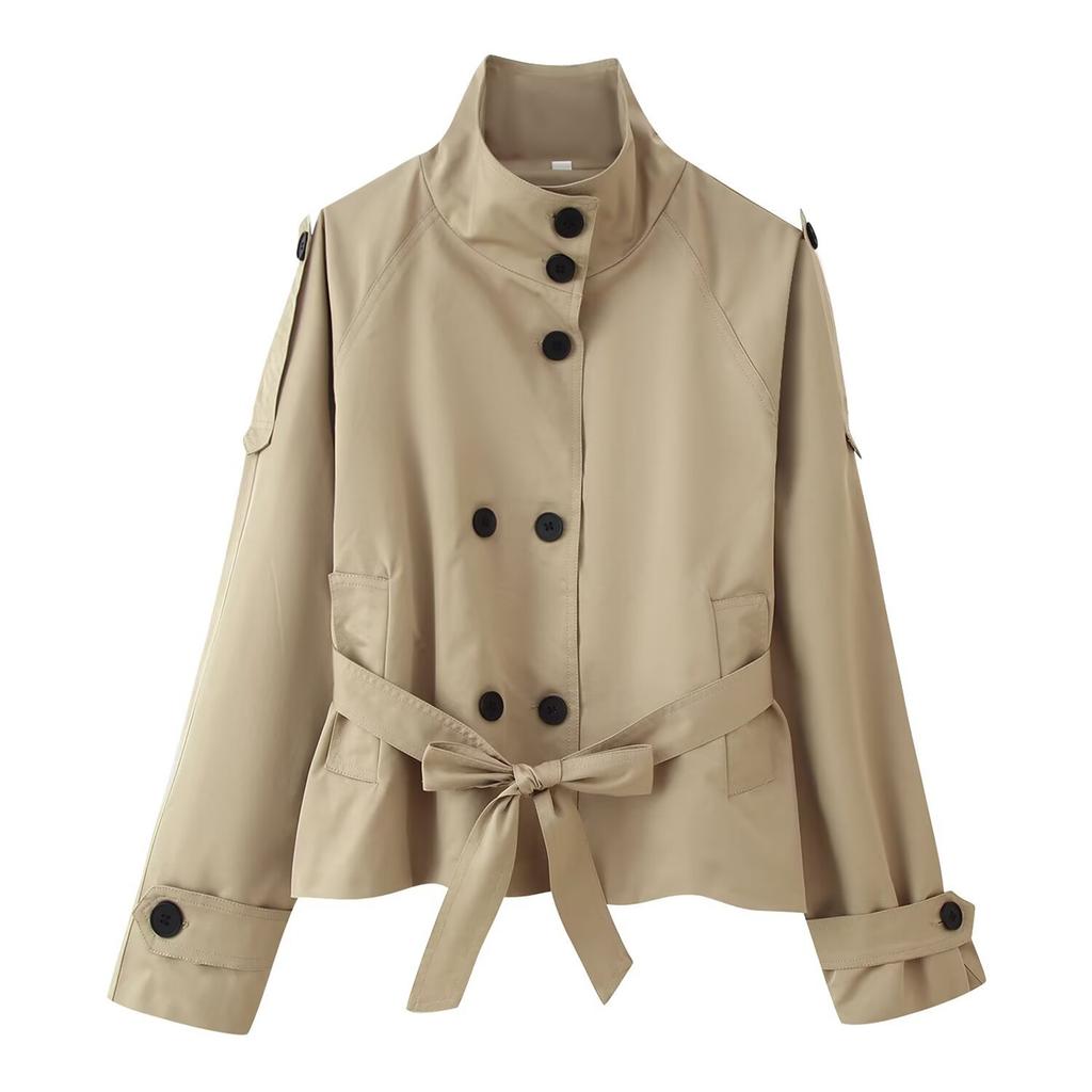 Women's Cropped Trench Coat Double Breasted Short Jacket High Collar Fall Winter Coats Trendy Outfit With Belt