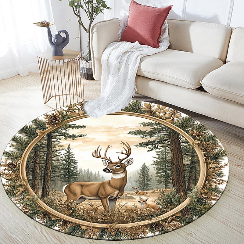 Deer Forest Round Area Rug,Carpet Rug for Living Room Bedroom Sofa Playroom Decor,Non-slip Floor Mat