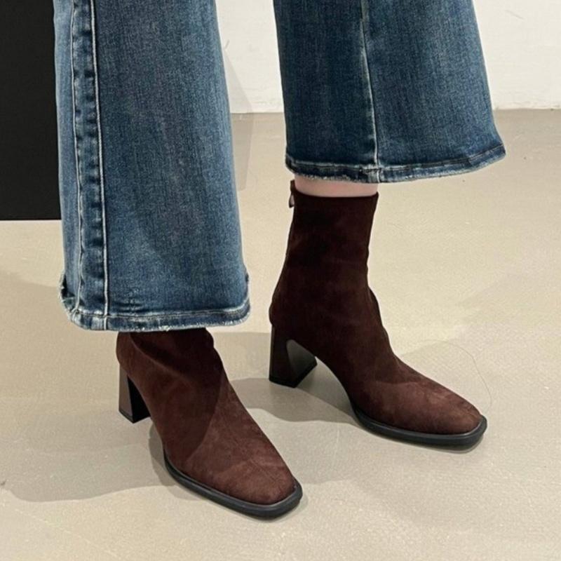 Modische neue Square Head Sexy Wildleder Lässige Arbeitsstiefel für den Winter Bequemer Reißverschluss Bankett Elegant Hohe Absätze Damenstiefel