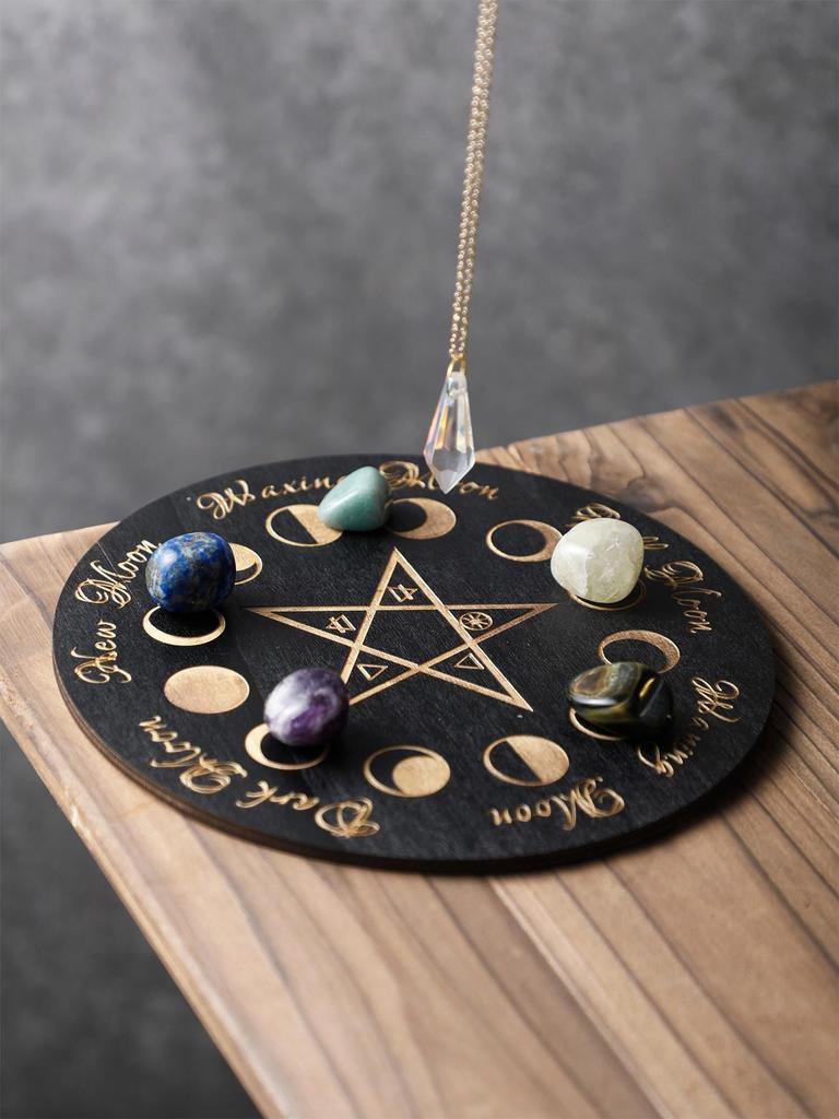 Wooden Pendulum Board with Moon Star Divination Energy Carven Plate Healing Meditation Board Ornaments Metaphysical Altar