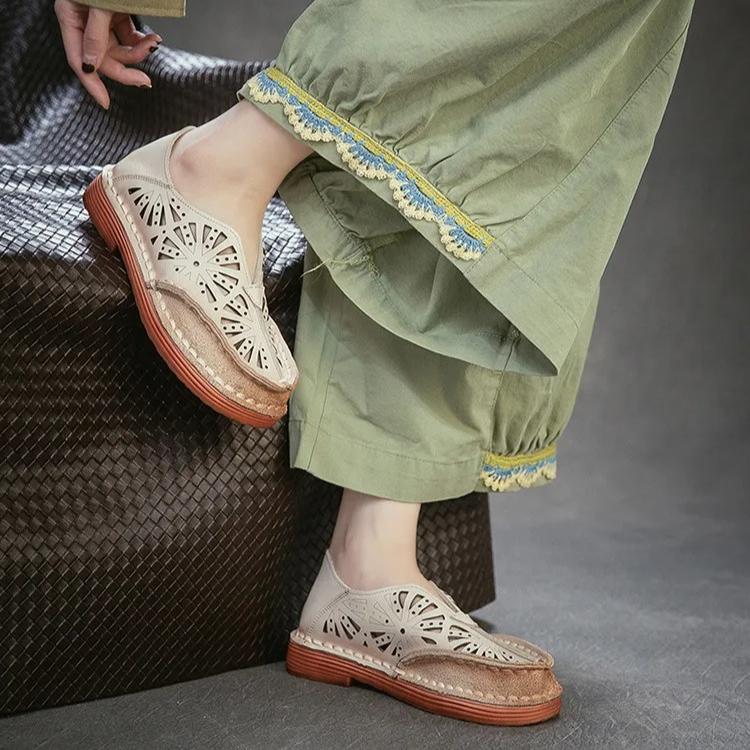 Johnature Genuine Leather Retro Hollow-out Breathable Sandals Versatile Comfortable Women's Slip-on Shoes