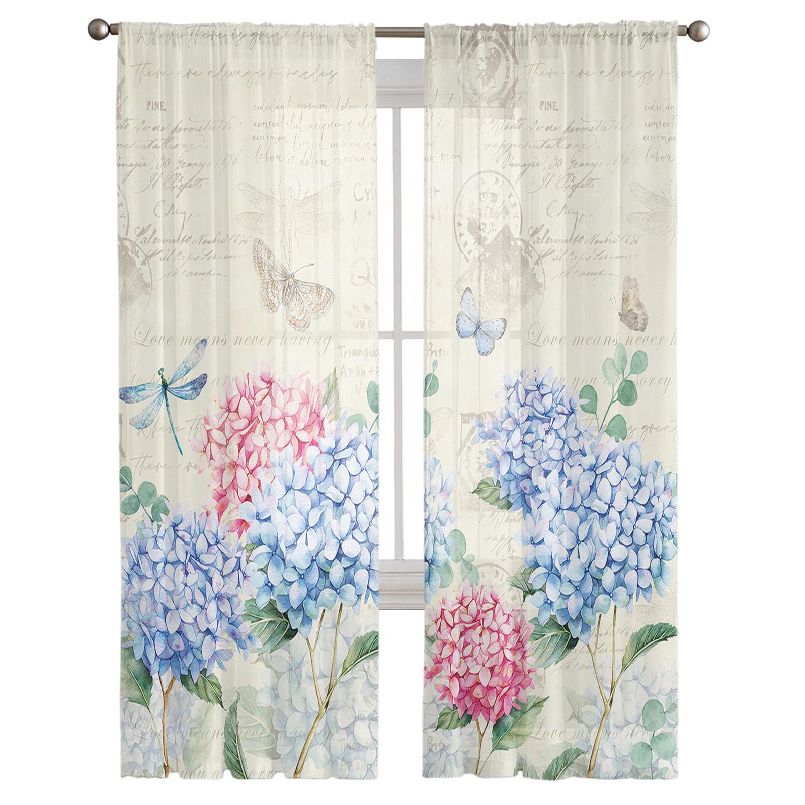 Весенние цветы гортензии Стрекоза винтажные прозрачные оконные шторы из вуали тюлевые — фото 3