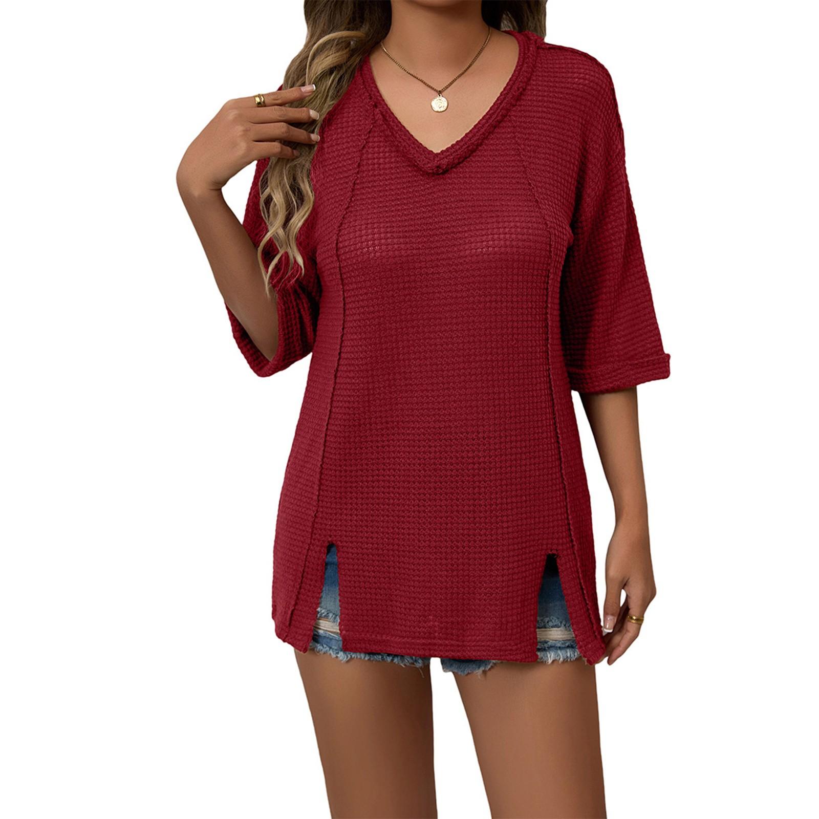 

Женская модная повседневная футболка с короткими рукавами и воротником, однотонная футболка M винный