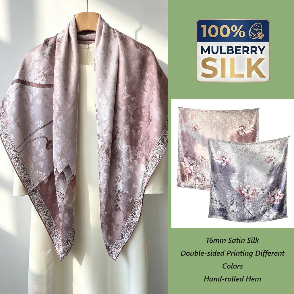 2026 Luxury Customizable Silk Satin Shawl Hand Rolled Edge 100% Mulberry Silk Women Digital Printed Wrap Scarf Low MOQ