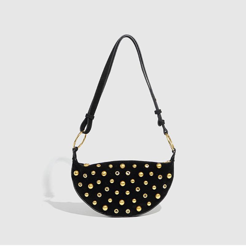 Women Retro Underarm Bag Rivet Crescent Bag Shoulder Bag Soft Hobos Y2k Female Wasteland Vintage Purse Fashi Crescent Handbag чёрный