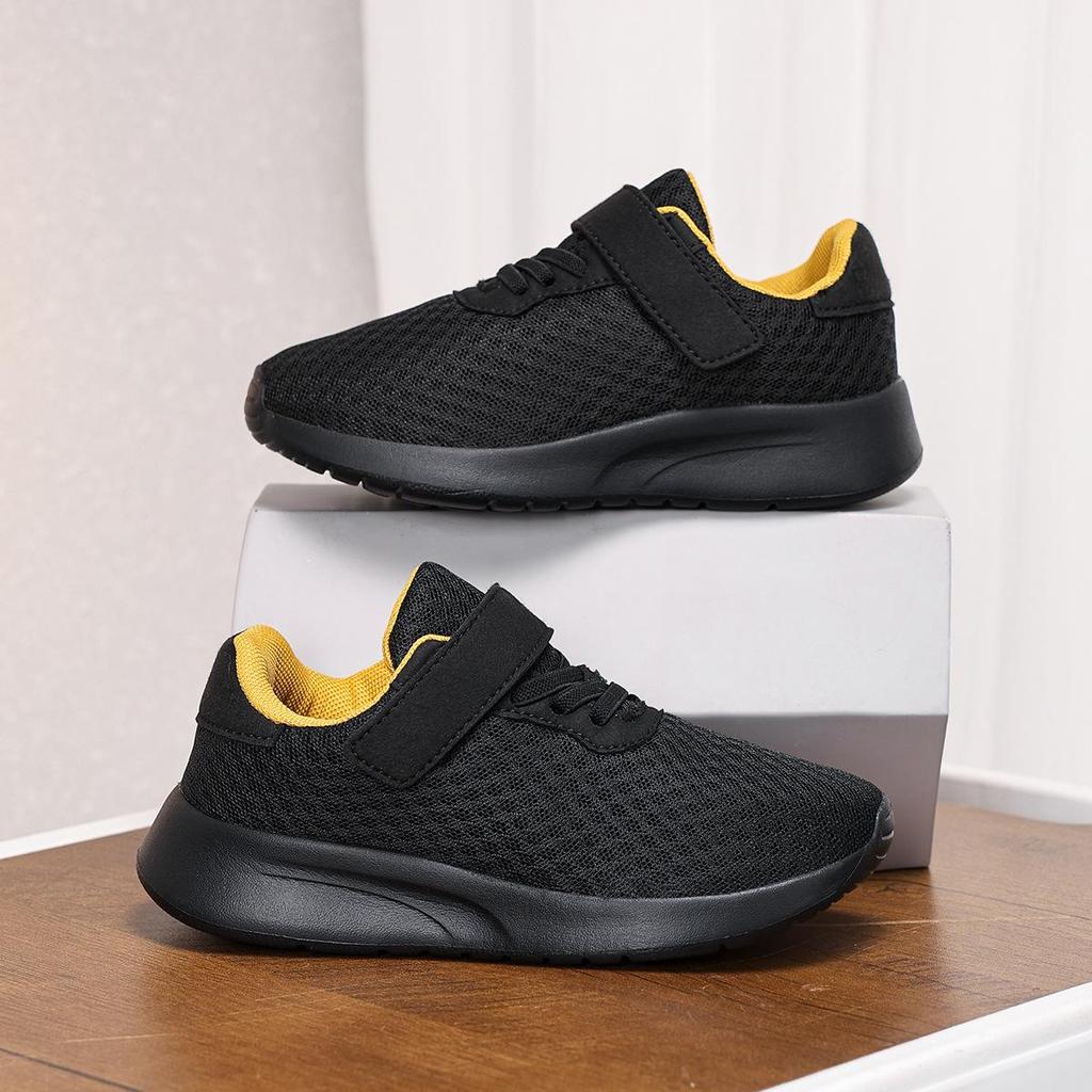 Breathable Boys' Double Mesh Running Shoes - Soft Sole, All Black, Medium to Large Sizes