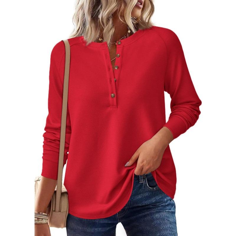 TIFICY Women's Fashion Casual Spring Autumn Solid Color Print Long Sleeve V-Neck Blouses & Shirts