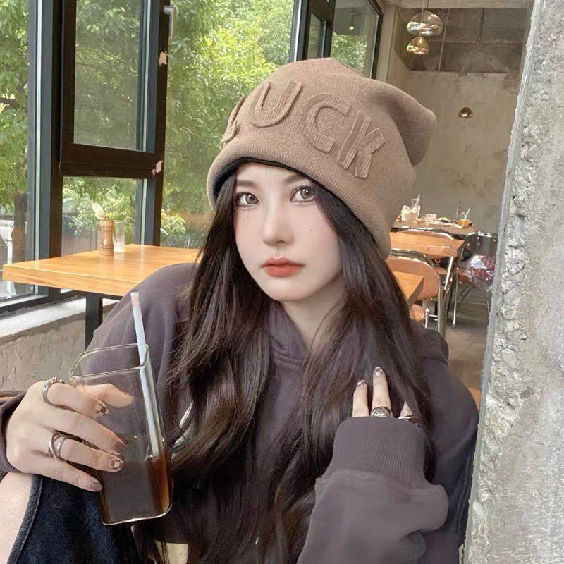 

Japanese Face showing Small Letters Cold Hat Women s Ear Protection Bag Head Hat Large Head Circumference Retro Knitted Hat One Size