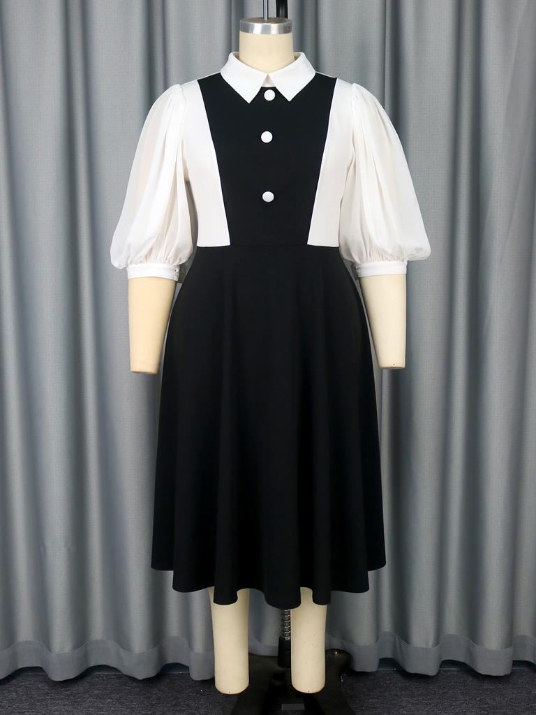 AOMEI Elegant Dresses Plus Size Lantern Sleeve High Waist Causal A Line Patchwork Turn-Down Collar Dress for Women