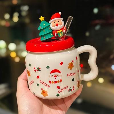 Cute Cartoon Santa Claus Ceramic Mug With Lid High Value Straw Cup Christmas Gift Souvenir