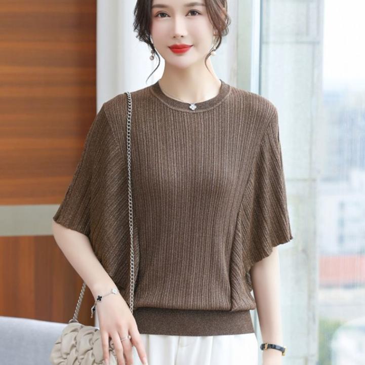 Crew Neck Knitted Sweater Top Women's Summer New Short-sleeved T-shirt