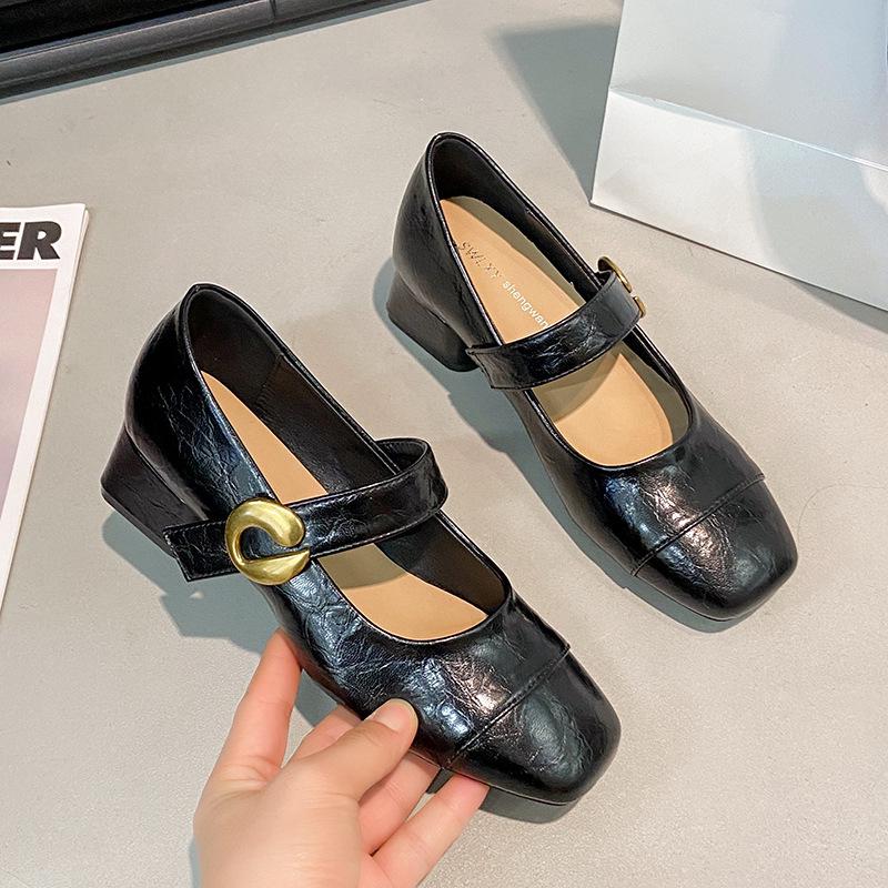 2025 Autumn Korean-Style Mary Janes: Soft Leather Square-Toe Chunky Heel Mid-Heel Shoes for Women