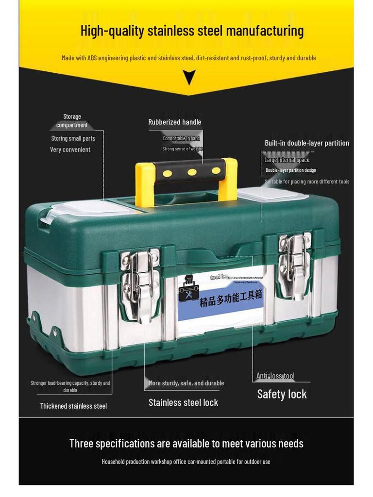 Extragroße Edelstahl-Multifunktions-Werkzeugkiste, tragbar, mit Fahrzeugmontage-Aufbewahrung