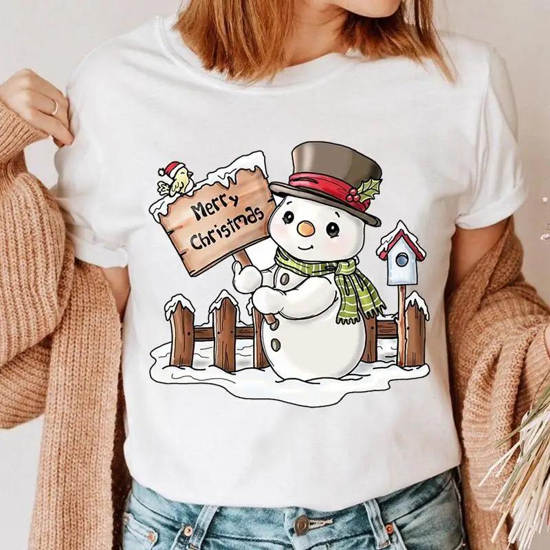 Cute Snowman Christmas Happy Women's T-shirt Cartoon Pattern Printed Black T-shirt 90s Fashion Girls Christmas Gift Top