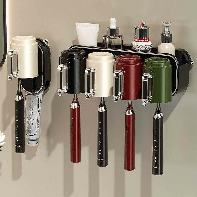 Suction Cup Toothbrush Rack, Wall-mounted Storage Rack, Bathroom Non-drilling Tooth-brushing and Mouthwash Cup Hanging Rack