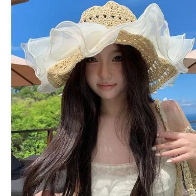 Women's Summer Big Hat Brim Lace Woven Breathable Sun Hat Beach Sunshade Hat