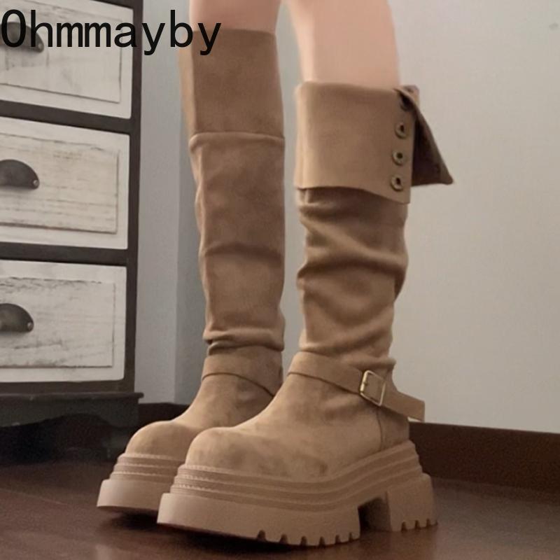 Platform Height Increase Woman Knight High Boots Punk Style Thick Heels Long Booties Autumn Winter Belt Buckle Ladies Shoes