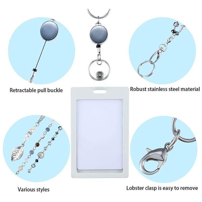 Women Retractable Badge Reel Lanyard with ID Card Holder Necklace Name Badge Holder Lanyard Stainless Steel Beaded Chain