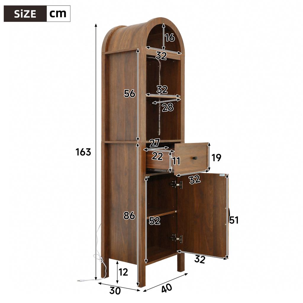 Tall Freestanding Bathroom Cabinet, Arched Top, LED, Reversible Door, Drawer, Magnetic Closure, Soft-Close Hinges, 40×30×163 cm, Walnut Color