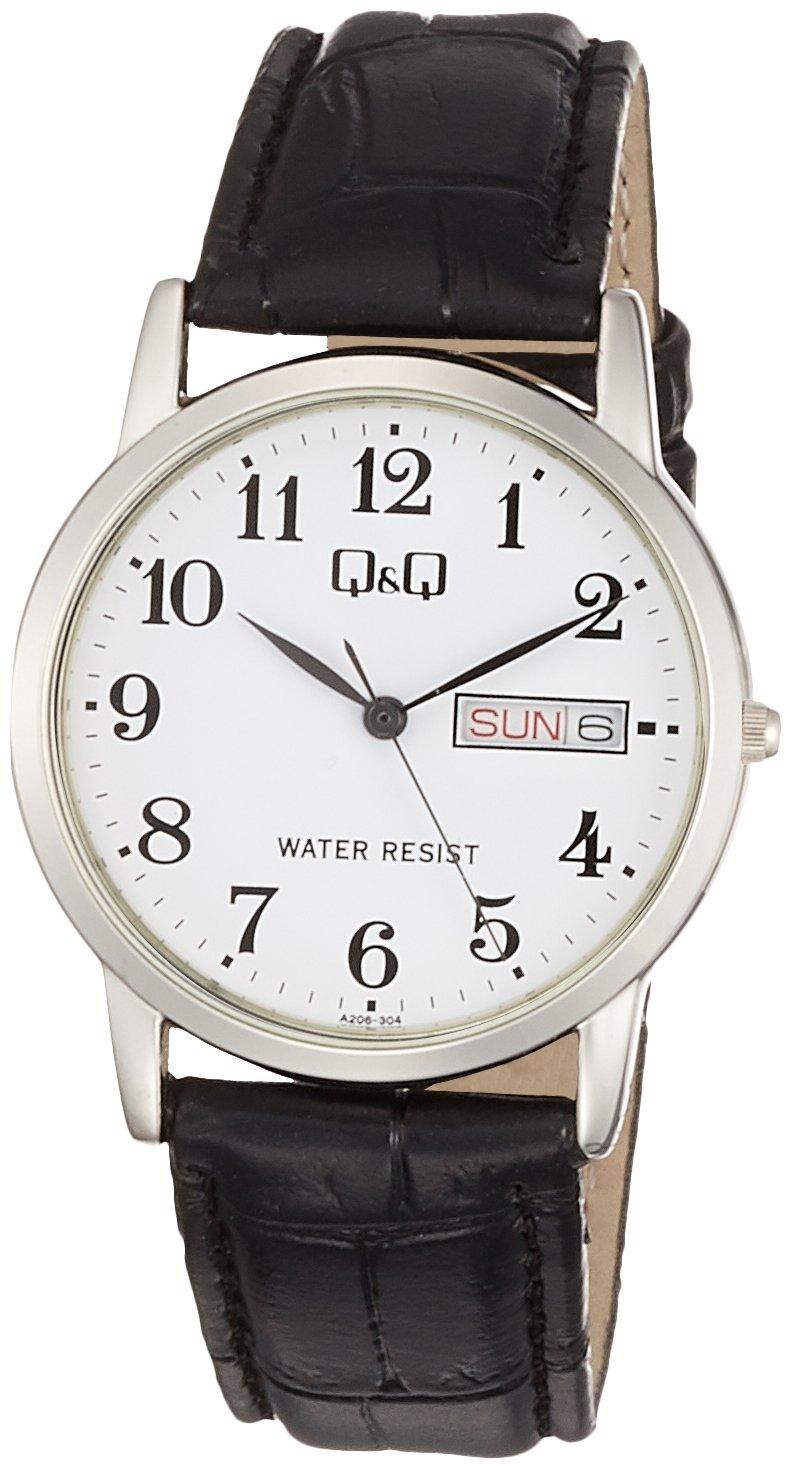 

Citizen Q&Q Men s Analog Watch, Waterproof, Date Display, Day Display, Leather Strap, A206-304, White