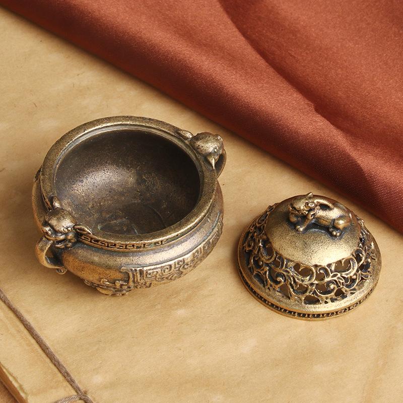 Pure Brass Antique Fortune-Bringing Pixiu Home Decor Double-Eared Three-Legged Cauldron Sandalwood Incense Burner