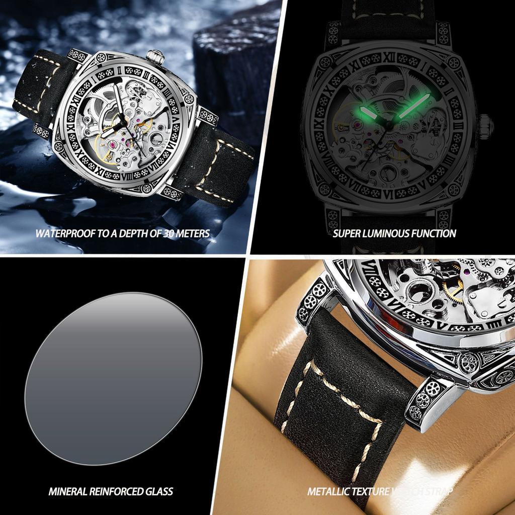 M28 New Trendy Men Watch Night Light Waterproof Carved Flower Mechanical Watch Cool Clock Giftwatches for Man