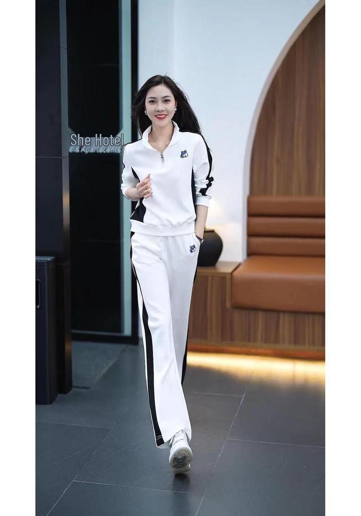 Women's Casual Sportswear Set - Spring/Autumn 2024: Slimming Stand Collar Hoodie & Wide Leg Pants Two-Piece Ensemble.