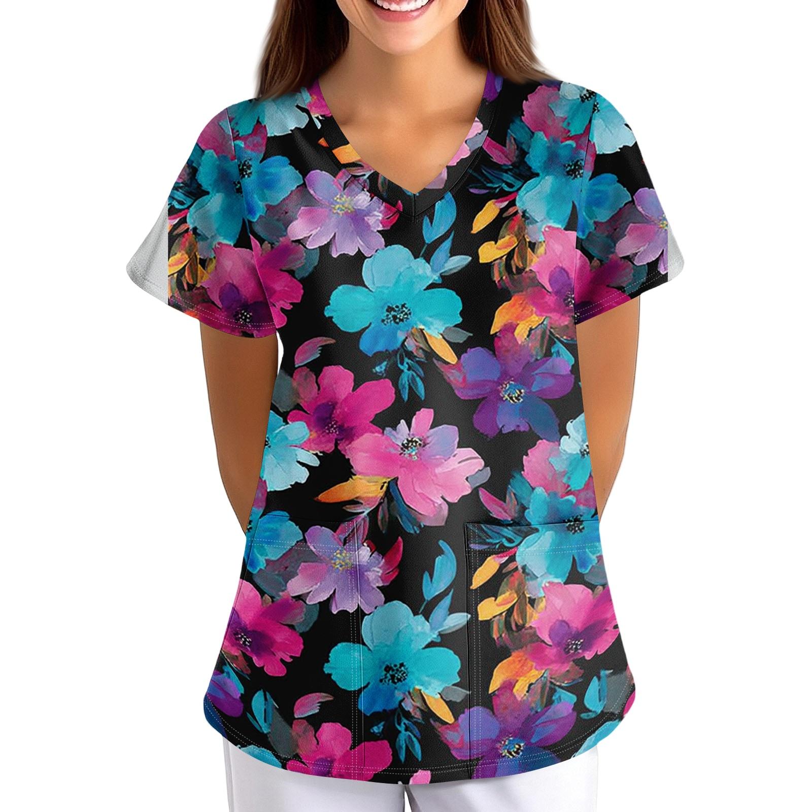 

Women Short Sleeve V Neck T Shirt Floral Print Casual Loose Fit Lightweight Blouse for Everyday Wear and Activities S