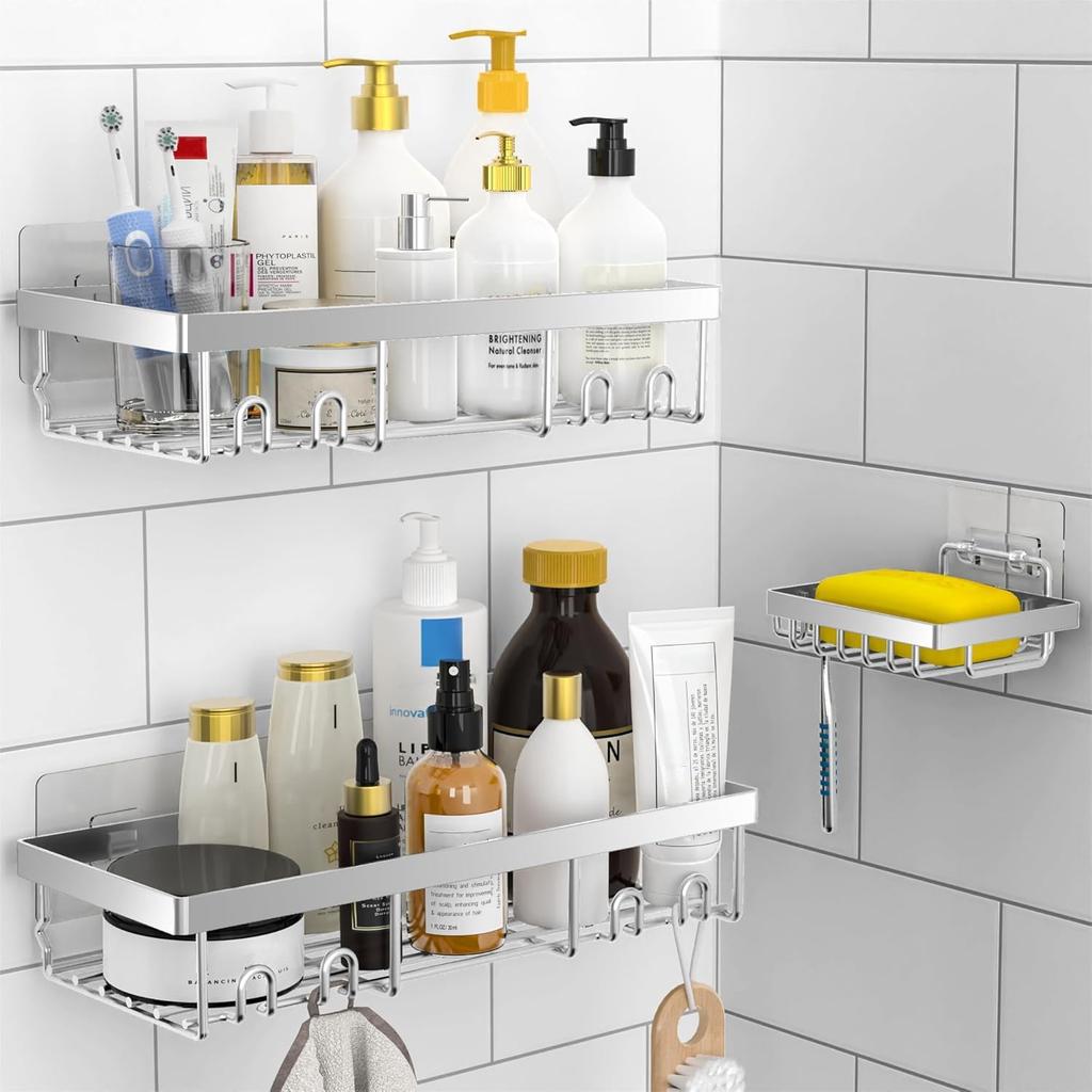 Moforoco 3-Pack Shower Caddy Basket Shelf with Soap Holder, No Drilling Traceless Adhesive Shower Wall Shelves, Rustproof Black Bathroom Shower