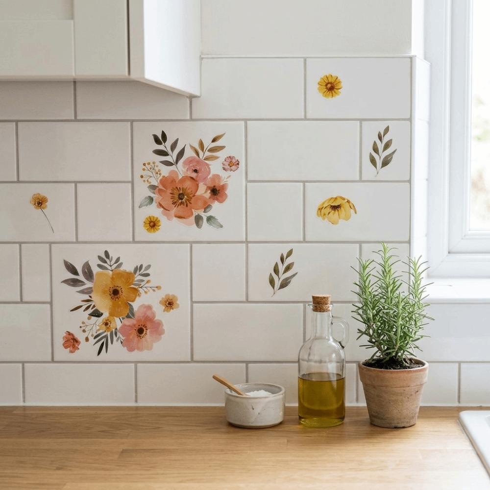 Floral Design Bathroom Stickers Self-Adhesive Washbasin Sticker Ceramic Tile Stickers Home