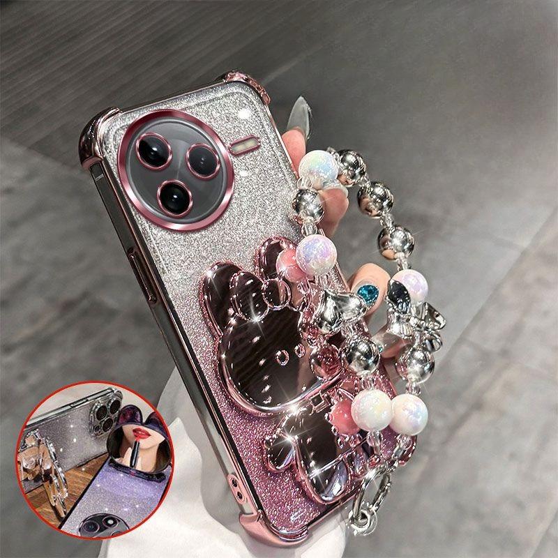 

Rabbit Mirror Bracket Phone Case for Xiaomi POCO X7 M7 F7 X6 M6 F6 Ultra Pro with Bracelet Four Corner Airbag Cushioning Shell Case & Holder&Poco M6 рожевий