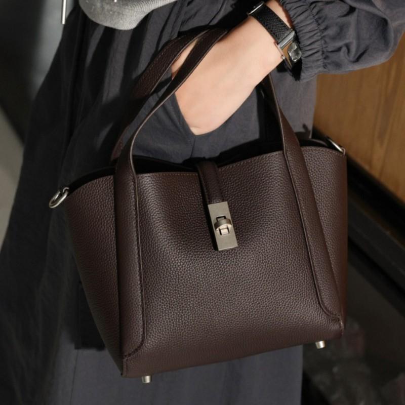 Bucket Bag Women's 2025 New Authentic Leather Portable Vegetable Basket All-matching One-shoulder Cross-body