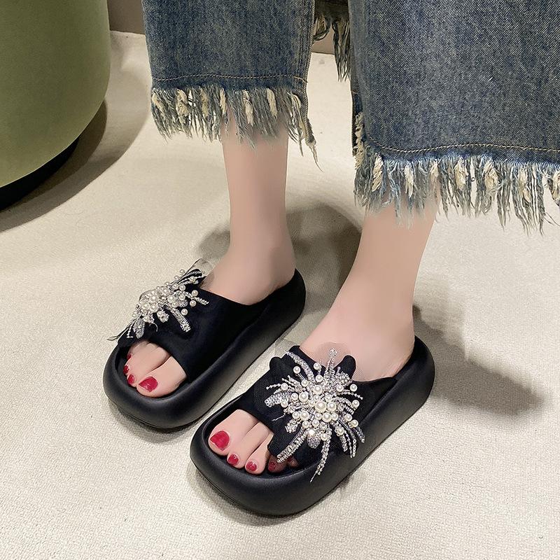 Thick-bottomed Cool Slippers Women's Summer Wear Fashion Fairy Style Soft-bottomed Flower Slippers New High-end Heightening Sandals