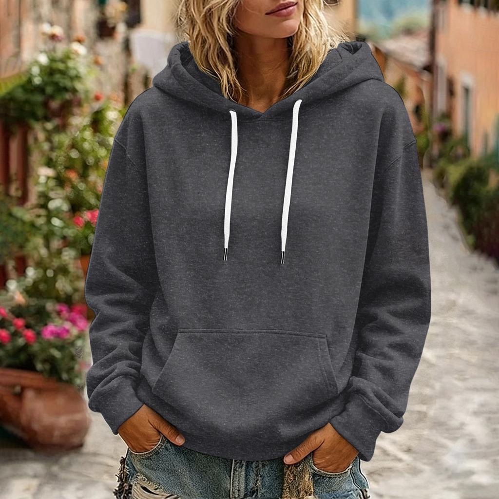 Women's Color Long Sleeve Hoodie with Drawstring Hood and Pocket Casual Pullover