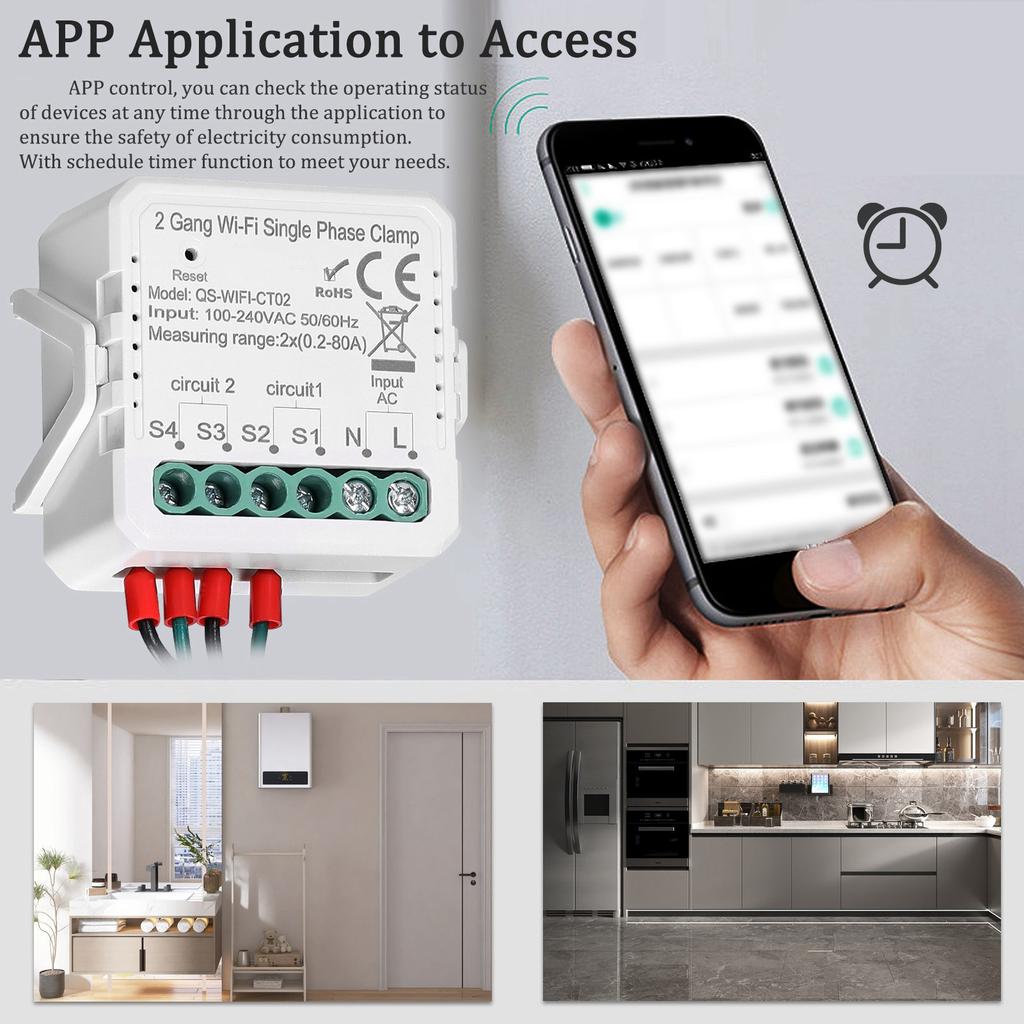 Tuya WiFi 2 Gang 80A Single Phase Clamp Solar PV Bidirectional Two Way Energy Meter Mobilephone APP Control Current