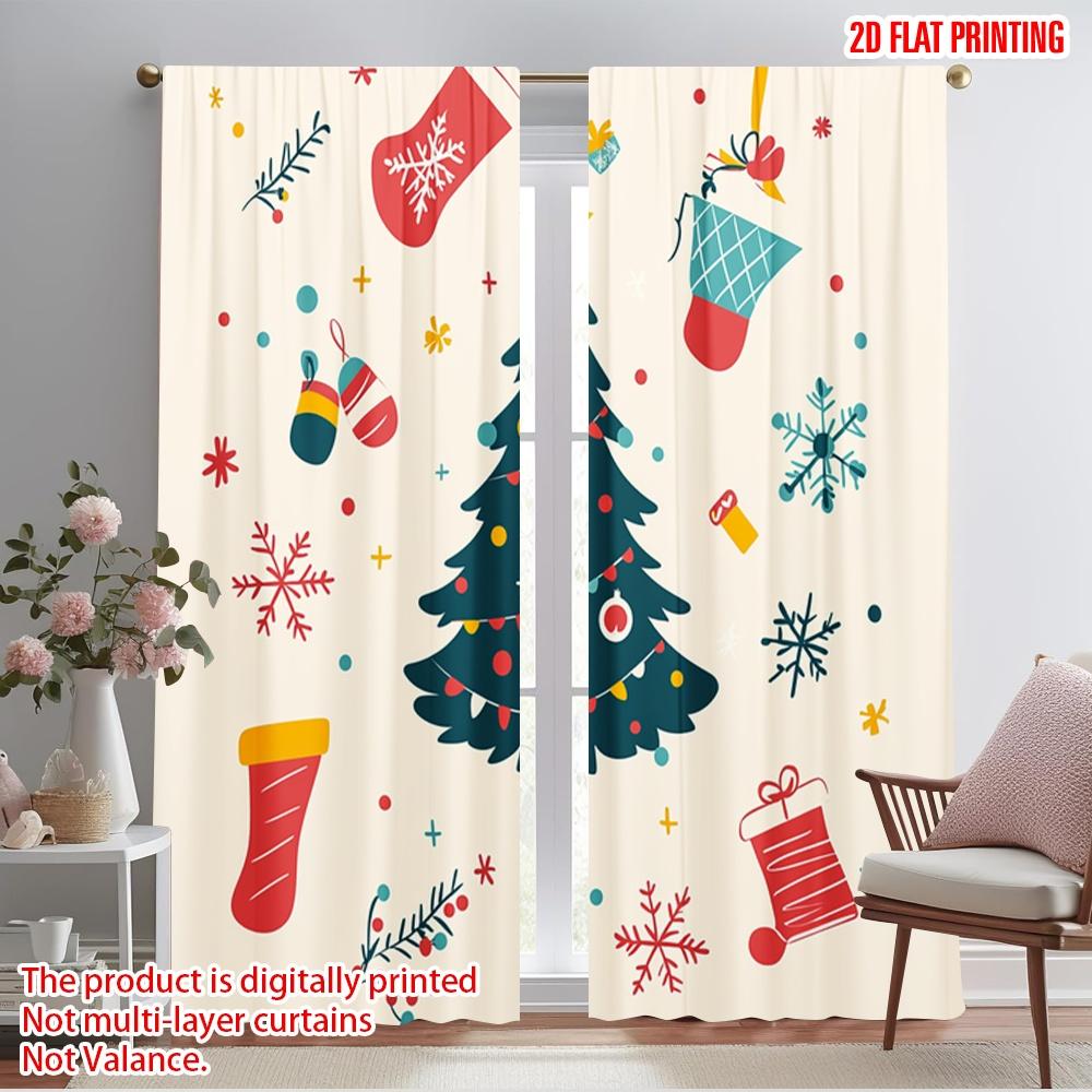 2pcs,2D Plane Printing Light Filtering Curtains Christmas Tree Snowflakes Gifts Versatile 100% Polyester (without Rod) Home