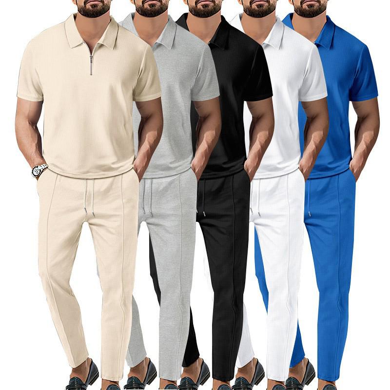 2023 Autumn Men's Solid Color Waffle Lapel Short Sleeve Zipper Suit