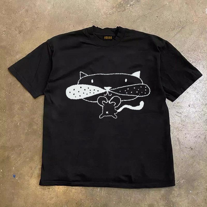 Pure Cotton Short Sleeve Tshirt Double Thread Loose Fit Unisex Black White Nose Print Retro Style Summer Casual Top