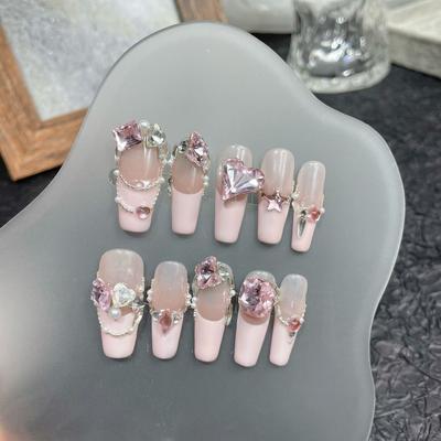 HANDMADE Artificial Nail Long Trapezoid Passionate Love Diamond Pink Whitening Phototherapy Nails Fake Nails Reusable and Removable Nails