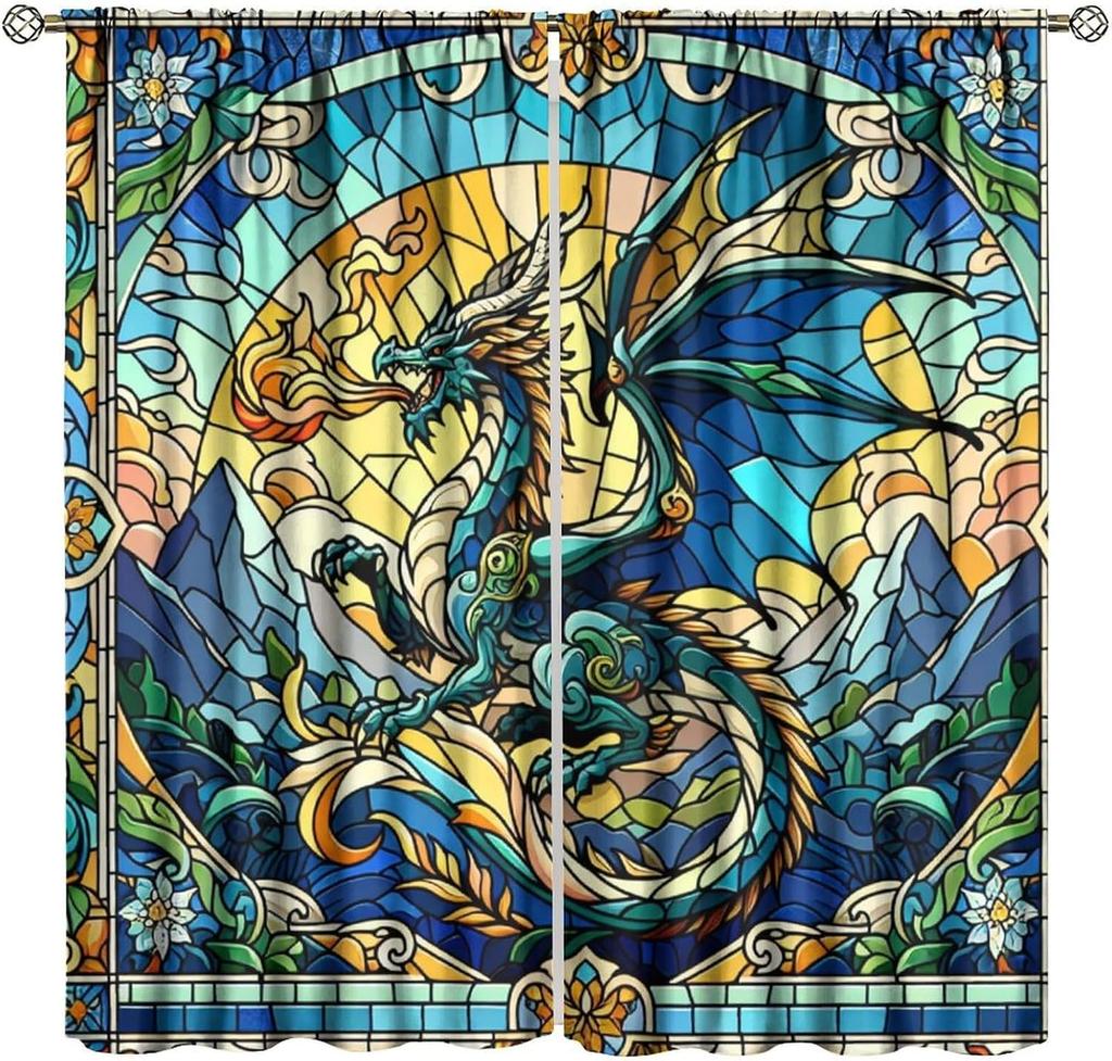 Stained Glass Blackout Window Curtains, Autumn Forest Mosaic Art Beautiful Nature Scenery Stained Glass Home Kitchen Livingroom