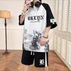 Summer Men's Personalized Letter Print Comfortable Breathable Round Neck T-shirt Shorts Set Outdoor Street Style Outfit