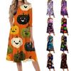 Women's Halloween Print Casual Fashion Round Neck Three Quarter Sleeve Mid Length Dress with Pockets Comfortable Fit