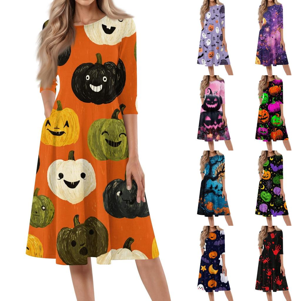 Women's Halloween Print Casual Fashion Round Neck Three Quarter Sleeve Mid Length Dress with Pockets Comfortable Fit