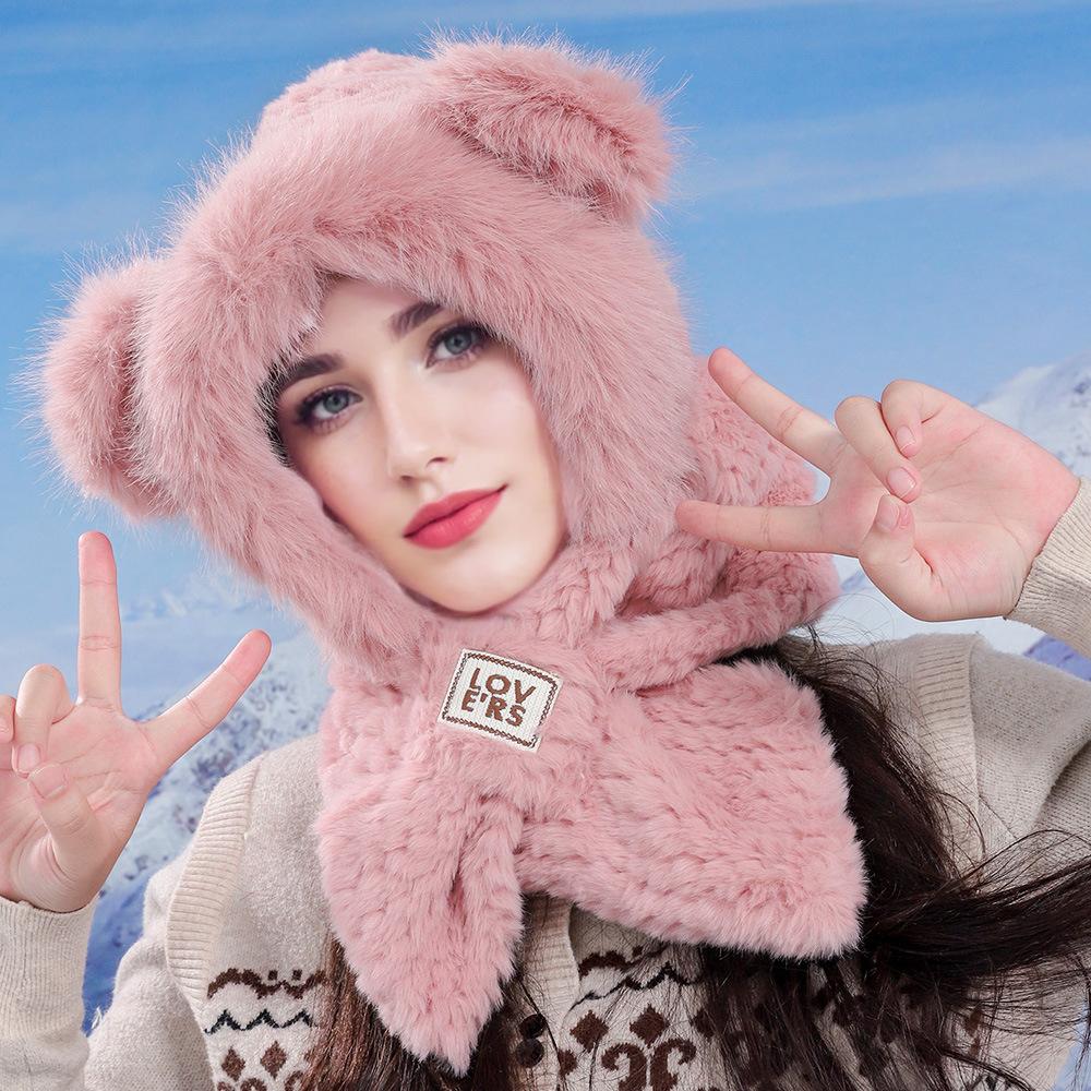 Warm Plush Hat for Women In Winter Plush Thickened Cold Protection Versatile Scarf Hat Integrated Furry Ear Protection Hat