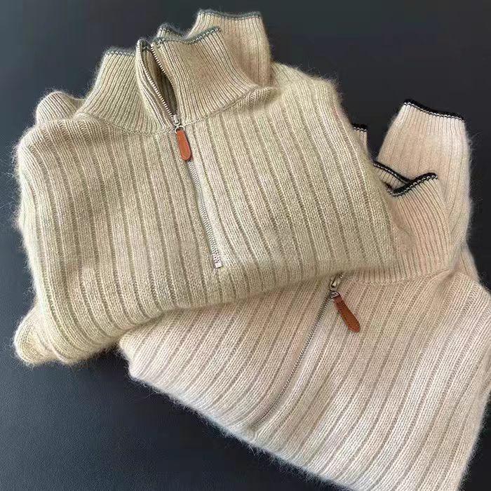 2025 Autumn/Winter Women's Half-Zip 100% Pure Wool Sweater - Loose Slimming Elegant Base Layer Top