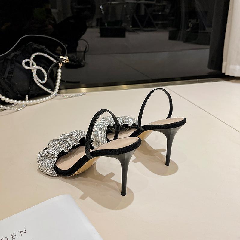 

Black high heels women s 2025 new summer French girl open-toed square head rhinestone thin heel with sandals 40